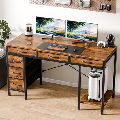 55" Computer Desk with 6 Drawers,Storage Shelves - color: Brown, size: 55-in