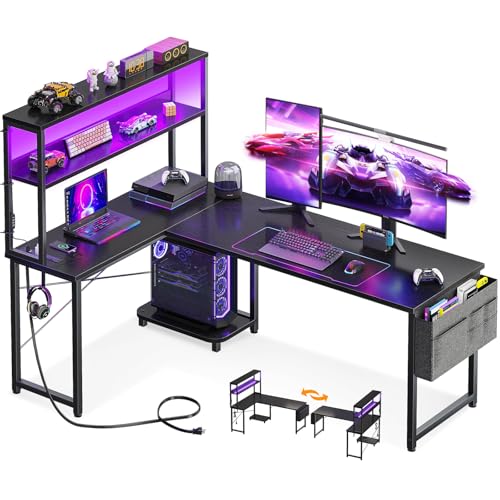 AODK L Shaped Desk Gaming Desk with LED Light & Power Outlet - color: Black, size: 61 Inch