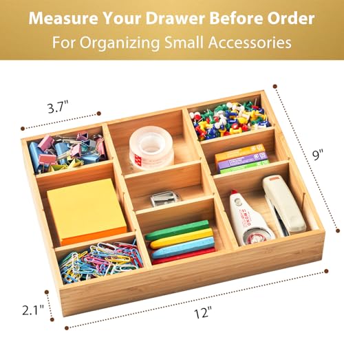Umilife Bamboo Desk Drawer Organizer, Wood Junk Organizer Tray with Adjustable Dividers, Anti-Skip Storage Organization in Office Bathroom Drawer for Vanity, Makeup, 12" x 9" - size: 12"x9"