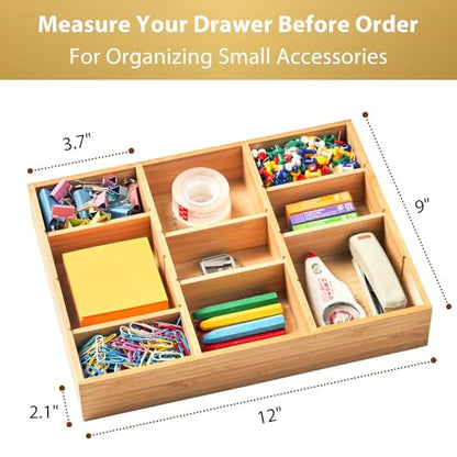 Umilife Bamboo Desk Drawer Organizer, Wood Junk Organizer Tray with Adjustable Dividers, Anti-Skip Storage Organization in Office Bathroom Drawer for Vanity, Makeup, 12" x 9" - size: 12"x9"