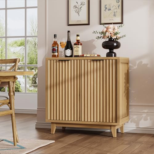 Fluted Coffee Bar Cabinet with Storage, Modern Sideboard Buffet Cabinet - color: Wood Grain, size: Coffee Bar - 15.7"D x 31.5"W x 31.5"H