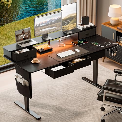 71x32 Inch Electric Standing Desk with 5 Drawers, Sit Stand Desk with Power Outlets, Monitor Shelf, LED Light and Cable Management, Height Adjustable 28.3-47.2 Inch for Home & Office, Black - color: Black, size: 71x32Inch