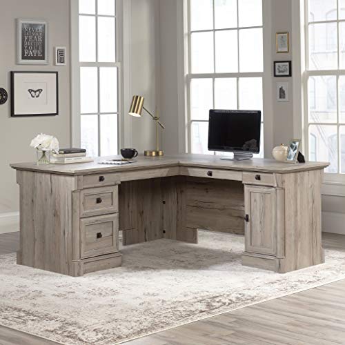 Sauder Palladia L Shaped Desk with Drawers, Office Desk with File Cabinet Storage, Cable Management, Keyboard Tray, in Split Oak finish - color: Split Oak