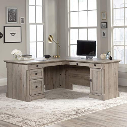 Sauder Palladia L Shaped Desk with Drawers, Office Desk with File Cabinet Storage, Cable Management, Keyboard Tray, in Split Oak finish - color: Split Oak