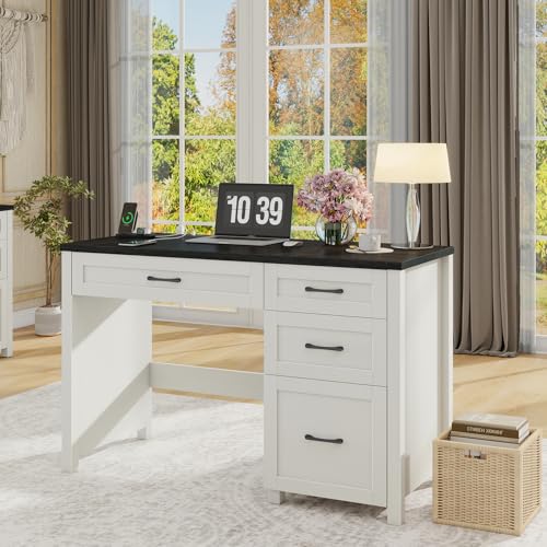 Vabches Farmhouse 47" Computer Desk with 4 Drawers, Black | Executive Desk with File Drawer and Charging Station, Workstation for Home Office, Study - color: Black With Charging Station