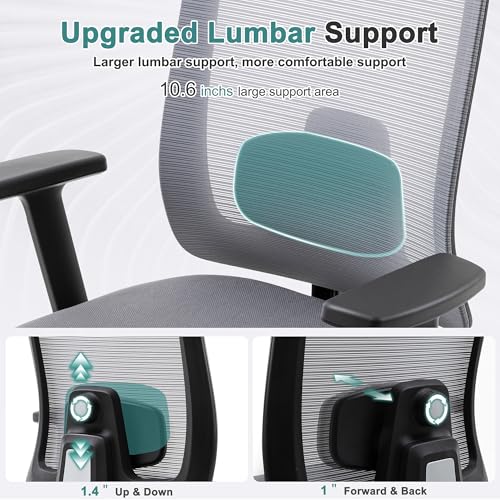 Shintenchi Mesh Office Chair, Ergonomic Home Office Desk Chair with Adjustable Lumbar Support, Headrest, 90°-135° Tilt, Computer Chair for Home Office, Gray Task Chair
