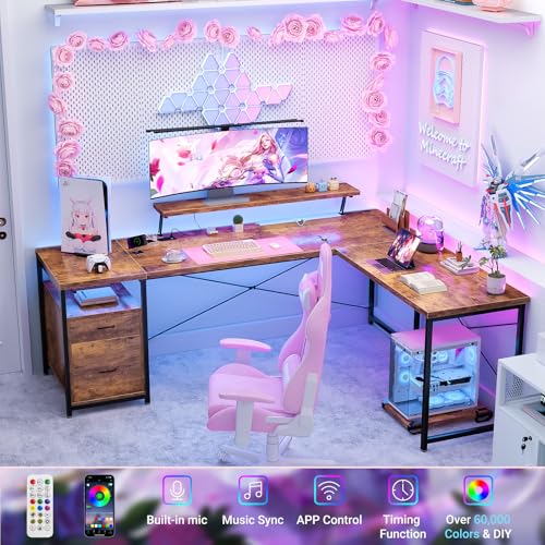 Unikito 63" L-Shaped Computer Desk with Power Outlet & LED, Rustic Brown - color: Rustic