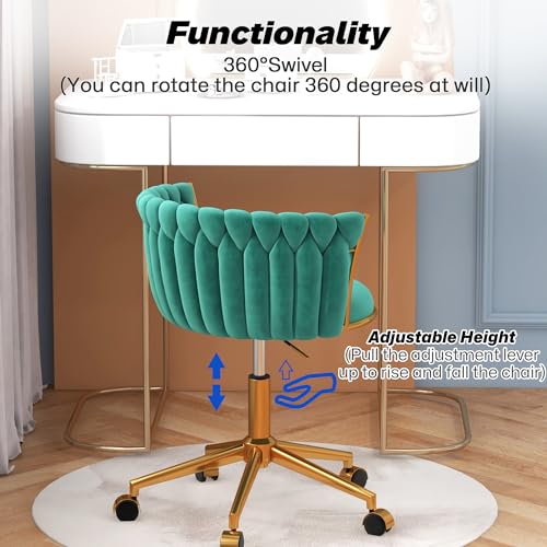 HENGJIANYI Velvet Woven Home Swivel Vanity Desk Chair with Gold Base, Green | Modern Height Adjustable Office Chair with Metal Base and Hand Weaving Back Wheels for Bedroom Study Small Space girl women - color: Green