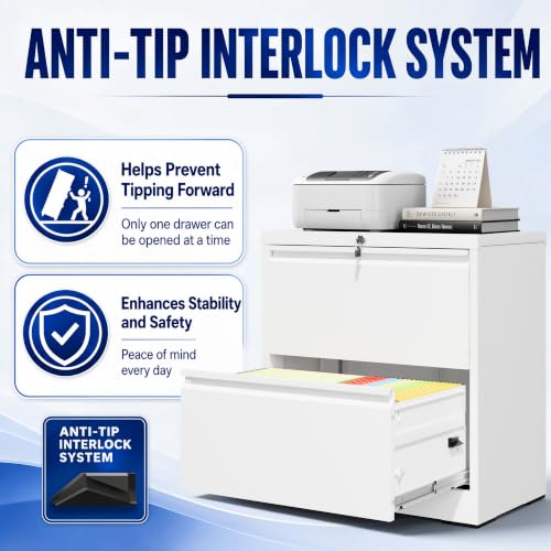 2 Drawer File Cabinet with Lock, 26.8" W Lateral Filing Cabinet - color: White, size: 26.8"W - 2 Drawer