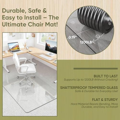 46" x 55" Glass Chair Mat for Carpet, 0.2" Thick Office Chair Mat | Heavy-Duty Tempered Glass With Crystal Clear Surface, Polished Rounded Edges Resists Scratches And Cracks For Smooth Rolling - size: 46" x 55"