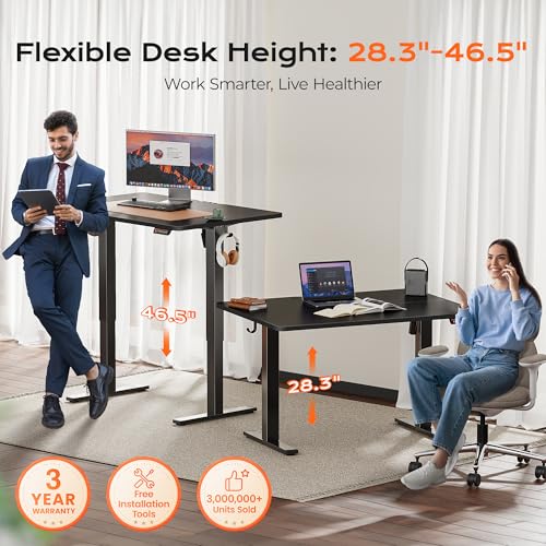 Huuger 48 x 28 Large Electric Standing Desk, Height Adjustable Desk, 27.6" Deep Desktop, Stand up Gaming, 2 Hooks, 3 Preset Heights, for Home Office, Black - color: Black, size: 48*28 inch (no outlets)