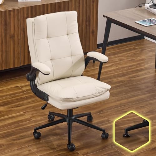 VINGLI Comfy Beige Leather Office Desk Chair, High-Back Support Ergonomic Computer Task Gaming Chair,with Removable wheels,360° Swivel,Adjustable Height,Flip-Up Arms,for Adults,Teen,Vanity,Home Office - color: Light Khaki-cat Scratch Pu