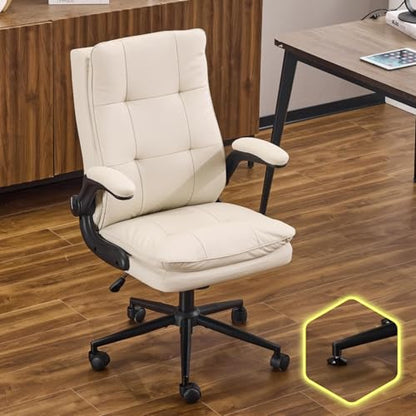 VINGLI Comfy Beige Leather Office Desk Chair, High-Back Support Ergonomic Computer Task Gaming Chair,with Removable wheels,360° Swivel,Adjustable Height,Flip-Up Arms,for Adults,Teen,Vanity,Home Office - color: Light Khaki-cat Scratch Pu
