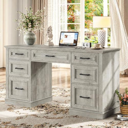 Vabches Farmhouse 59'' Executive Desk with File Drawers, Grey - color: Grey, size: 59" W