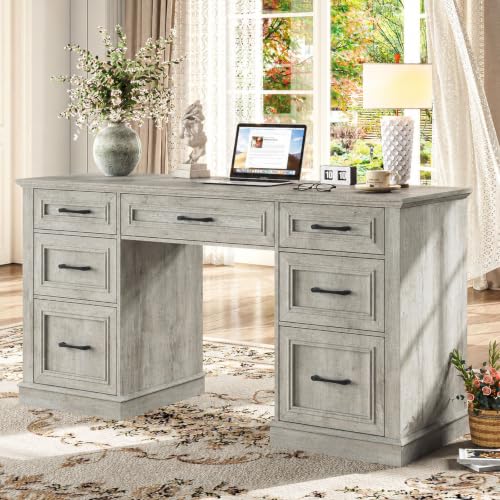 Vabches Farmhouse 59'' Executive Desk with File Drawers, Grey - color: Grey, size: 59" W