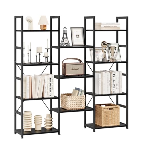 NUMENN Triple Column 4 Tier Bookshelf with 11 Adjustable Shelves, Black | Metal Frame & Wood Shelves, Open Freestanding Storage Unit with Supporting Bars for Bedroom, Living Room and Home Office - color: Vintage, size: 6 Tier(Regular)