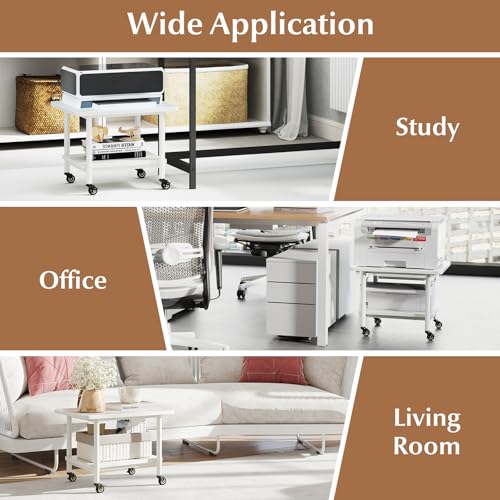 GOFLAME Under Desk Printer Stand, 2-Tier Mobile Printer Table with Storage Shelf, Metal Frame, Rolling Printer Cart Holder Storage Rack with Lockable Wheels for Home Office, White - color: White