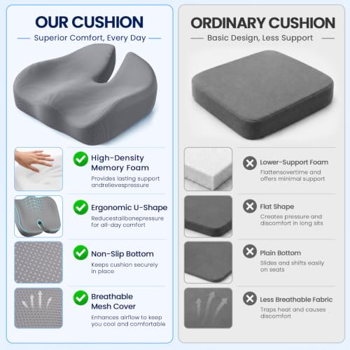 Seat Cushion, XL Large Memory Foam Cushion for /Office Chair/Car/Wheelchair - color: Grey