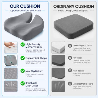 Seat Cushion, XL Large Memory Foam Cushion for /Office Chair/Car/Wheelchair - color: Grey