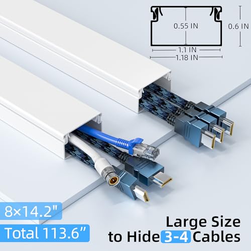 Delamu Cord Hider for Wall Mounted TV, 113.6in Paintable Cable Cover System, Self-Adhesive Cable Management Raceway Kit Hides 3-4 Wires, Baseboard Wire Hider Easy Installation, W 1.18 H 0.60in, White - size: 113.6 in L X 1.18 in W X 0.60 in H