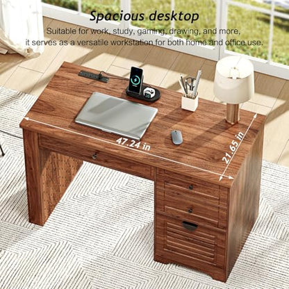 Ieejdn 47" Home Office Desks, Executive Desk, Farmhouse Computer Desk with Drawers and Charging Station, File Drawer, Storage Cabinet, Rustic Computer Writing Desk,Antique Brown - color: Brown, size: 47.24"