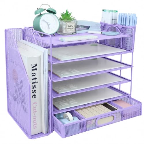 Desk Organizers and Accessories with File Holder, 6-Tier Paper Letter Tray Organiser with Drawer and 2 Pen Holder, Mesh Desktop Document Organizer for Office Supplies, Workspace - Purple - color: 6 Tier - Purple