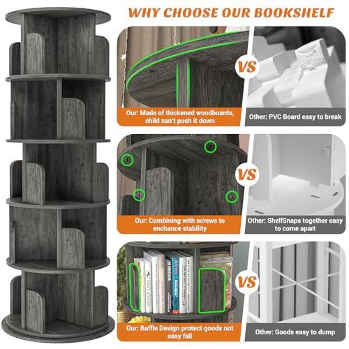 Aheaplus 5 Tier Wood Rotating Bookshelf, 360° Spinning Book Shelf Tower - color: Black Oak, size: 5-Tier