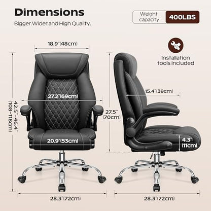 BestGlory Office Chair, Ergonomic High Back Home Office Desk Chair, Big and Tall Breathable Leather Office Chair with Lumbar Support Flip-Up Armrests, Computer Gaming Chair with Rocking Function - color: Black, style: Without Footrest