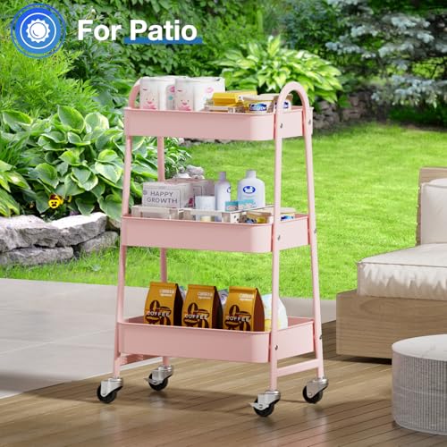 DUMOS 3 Tiers Rolling Cart, Utility Cart, Metal, Pink | Mobile Storage, Lockable Wheels, Utility Shelving Unit, Kitchen, Bathroom, Laundry, Narrow Places - color: 3 Tiers Pink