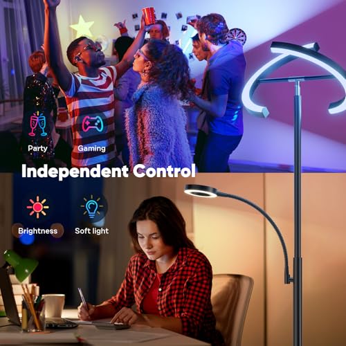 Upgraded 36W RGBCW Floor Lamp with Ring Reading Lamp, Rotatable Remote Control LED Standing Lamp Dimmable Floor Light Modern Standing Light for Living Room Bedroom Home Office, Black - color: 2-in-1 Black RGB