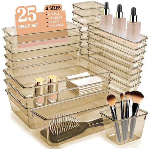 Kitchen Desk Drawer Organizers Storage for Office, Small Acrylic Vanity Trays Makeup Organizer for Drawer Bathroom Plastic Make up Organizers 25 Pcs Clear Champagne - color: Clear-Champagne