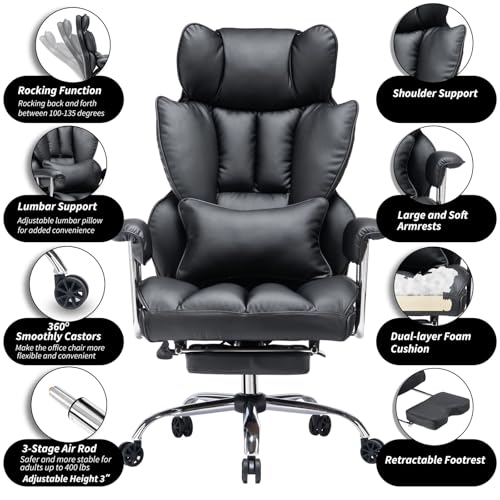 Efomao Big and Tall Office Chair 400lbs – High Back Executive Chair with Swivel Base, PU Leather Upholstery, Lumbar Pillow, Padded Armrests, and Rolling Wheels，Black Computer Chair - color: 3008y Black