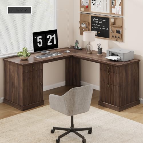 Garvee 60" Fluted L Shaped Desk with File Drawer, Corner Desk with Storage - color: Brown, size: 60"D x 60"W x 30"H