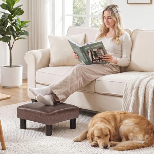 Joveco Small Footstool Ottoman Upholstered PU Leather Square Footrest Ottomans Small Foot Rest for Desk Couch Living Room Bedroom Office (Brown) - color: Brown #1