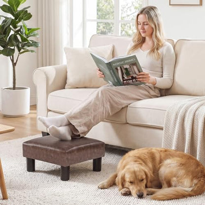 Joveco Small Footstool Ottoman Upholstered PU Leather Square Footrest Ottomans Small Foot Rest for Desk Couch Living Room Bedroom Office (Brown) - color: Brown #1