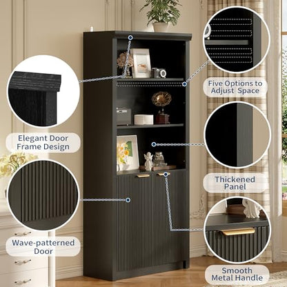 Modern Tall Book Shelf and Bookcase, 31.5"Wide Bookshelf with Doors, Farmhouse Book Case with Adjustable Top Shelf, Wood Storage Cabinet with 5 Tier Display Shelves for Home Office, Living Room, Black | Farmhouse Book Case with Storage, Wood Storage Cabin