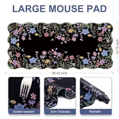 L-SPOUTTO Black Floral Mouse Pad,Scalloped Desk Mat XXL Gaming Mousepad | Botanical 35.4x15.7in Large Non-Slip Rubber Base Keyboard Pad Waterproof Desktop Mat for Laptop Computer Game Home Office - color: Flowers