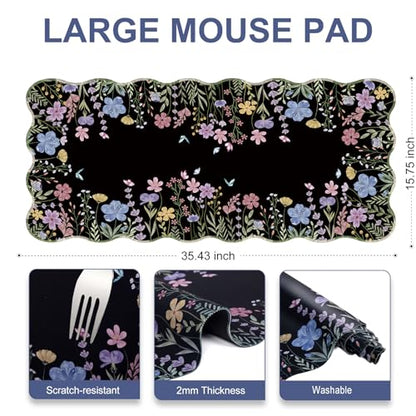 L-SPOUTTO Black Floral Mouse Pad,Scalloped Desk Mat XXL Gaming Mousepad | Botanical 35.4x15.7in Large Non-Slip Rubber Base Keyboard Pad Waterproof Desktop Mat for Laptop Computer Game Home Office - color: Flowers