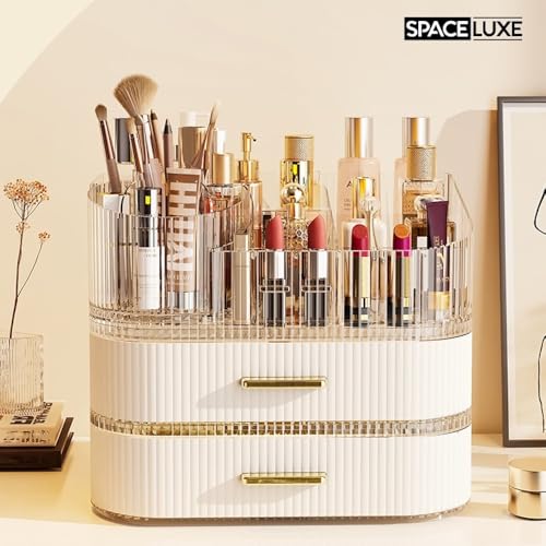 Large Makeup Organizer with Drawers, 360° Rotating Brush Holder | 3-Tier, Cosmetic storage for vanity, skincare, perfume, hair accessories, lipstick and jewelry, Cream White - color: Cream White, size: 3-layer