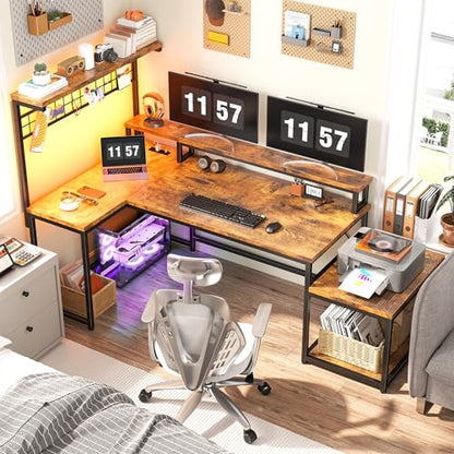 EnHomee 63" L Shaped Gaming Desk with LED Lights & Power Outlets,Brown - color: Rustic Brown, size: 63"W