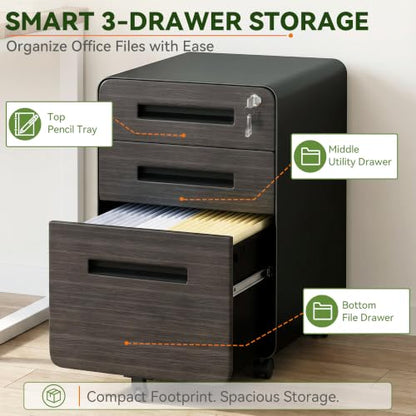 SAWJEC 3 Drawer Mobile File Cabinet with Lock, Fully Assembled, Black - color: 02l-black Brown