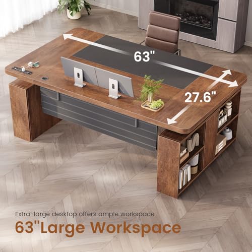 SEDETA 63" Executive Standing Desk with Storage, Executive Height Adjustable Desk with Power Outlets, Large Computer Office Desk with Privacy Panel for Home Office, Warm Golden Brown - color: Warm Golden Brown