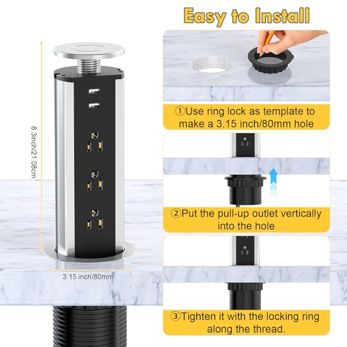 Pop up Outlet for Countertop, 3 AC Outlets & 2 USB-A, 3-1/4 Inch Silver | Recessed Power Strip, 2 USB-A Ports, 3 Sockets, for Desktop, Kitchen Countertop, Home Office - color: Silver