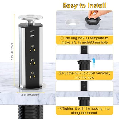 Pop up Outlet for Countertop, 3 AC Outlets & 2 USB-A, 3-1/4 Inch Silver | Recessed Power Strip, 2 USB-A Ports, 3 Sockets, for Desktop, Kitchen Countertop, Home Office - color: Silver