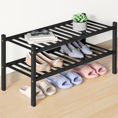 Smiry Bamboo Shoe Rack for Closet, 2 Tier - 26.77" Wide, Black | Stackable Wooden Shoe Organizer, Wood Shoe Storage Shelf for Entryway, 14 Vertical Slats, Reinforced Legs - color: Black, size: 2 Tier - 26.77" Wide