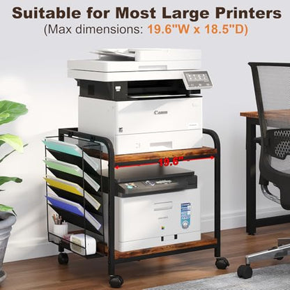 Large Printer Stand with Hanging File, Adjustable Height & Wheels - color: Rustic Brown, size: Large