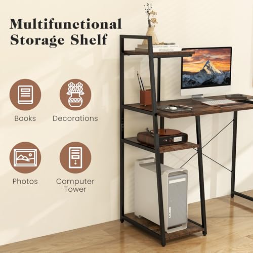 MAT EXPERT Computer Desk with Ladder Shaped Shelves, Compact Home Office Desk w/Monitor Stand & Adjustable Foot Pads, Modern Writing Study Desk PC Laptop Workstation for Home Office (Rustic Brown) - color: Rustic Brown