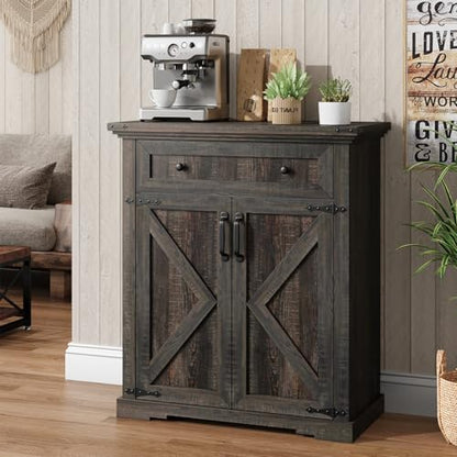 Coffee Bar Cabinet, 27.6" W Farmhouse Buffet Cabinet with Door & Drawer, Kitchen Cabinet with Adjustable Shelf for Hallway, Living Room, Dinning Room (Black) - color: Black