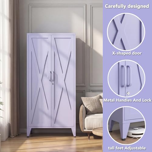 Purple Metal Pantry Cabinet with Lock,Freestanding Steel Storage Locker with 3 Adjustable Shelves,Heavy Duty Metal Storage Cabinet for Kitchen, Living Room,Laundry,Garage 61" H X 27.6" W X 13.8" D - color: Purple, style: 61"H-Cabinet-DX