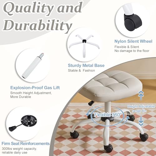 VINGLI Compact Small Desk Chair, Cute Armless Chair with Wheels, Vanity Chair with Low Back, Height Adjustable Task Chair for Small Spaces, Office, Bedroom, Make Up Room, PU Leather, Light Grey - color: Light Grey